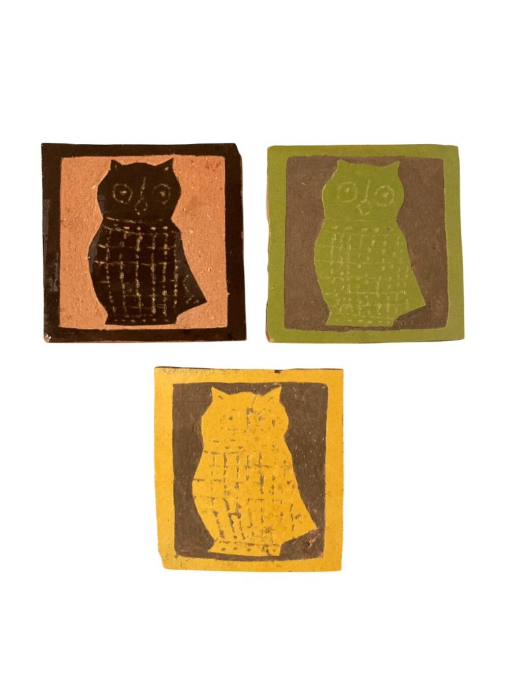 Handmade Owl Themed Tile Trivet Coasters Set Of 3 Brown Green Yellow